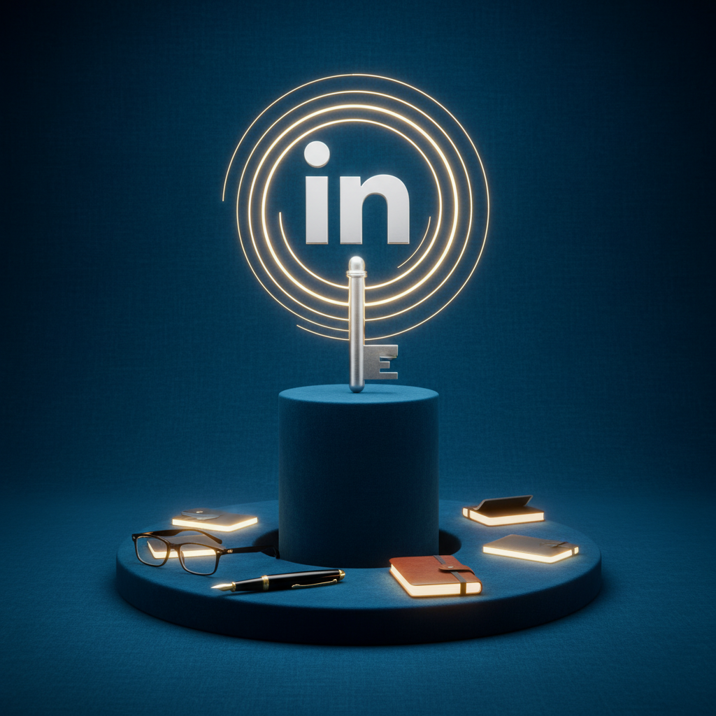 Imagen metafórica de una llave en forma de LinkedIn sobre pedestal azul, simbolizando la optimización de LinkedIn como clave para oportunidades laborales