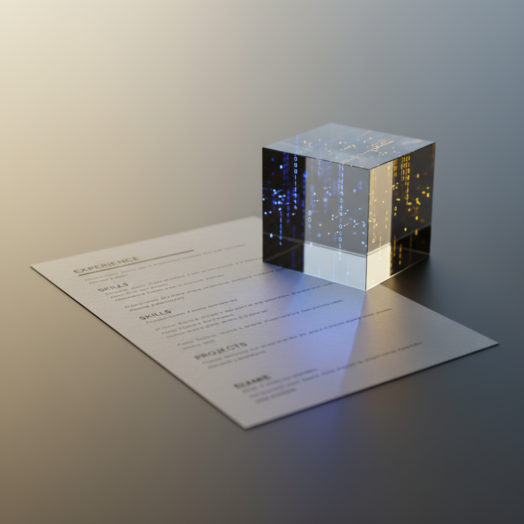 A pristine resume and prism reflecting blue and gold light, symbolizing hybrid ATS optimization