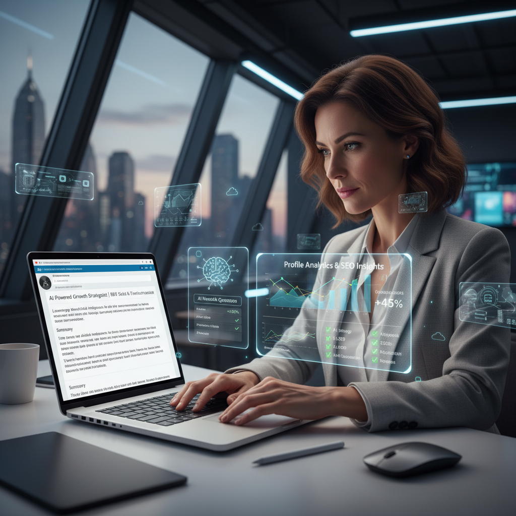 Optimizing LinkedIn SEO with analytics and AI tools on laptop