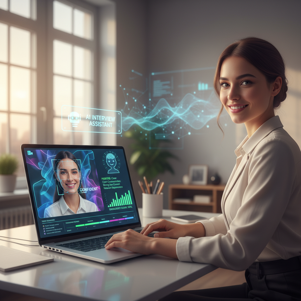 Confident job candidate acing an AI-powered robot interview on a laptop, with digital feedback and analytics overlaying the screen