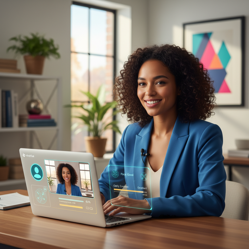 Confident job seeker practicing for a virtual HireVue interview with instant AI feedback on screen