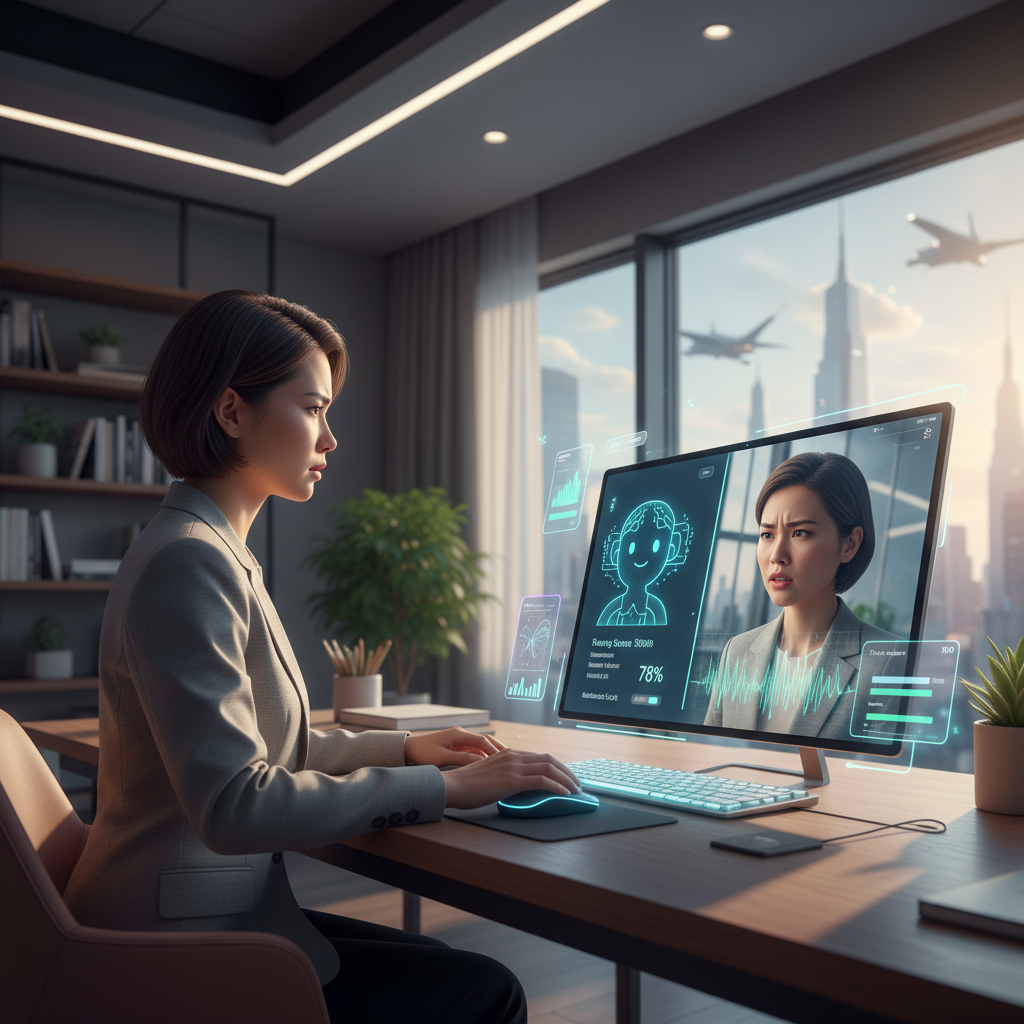 Job seeker practicing for a virtual AI interview, showing digital feedback and calming biofeedback graphics in a modern home setting, 2025