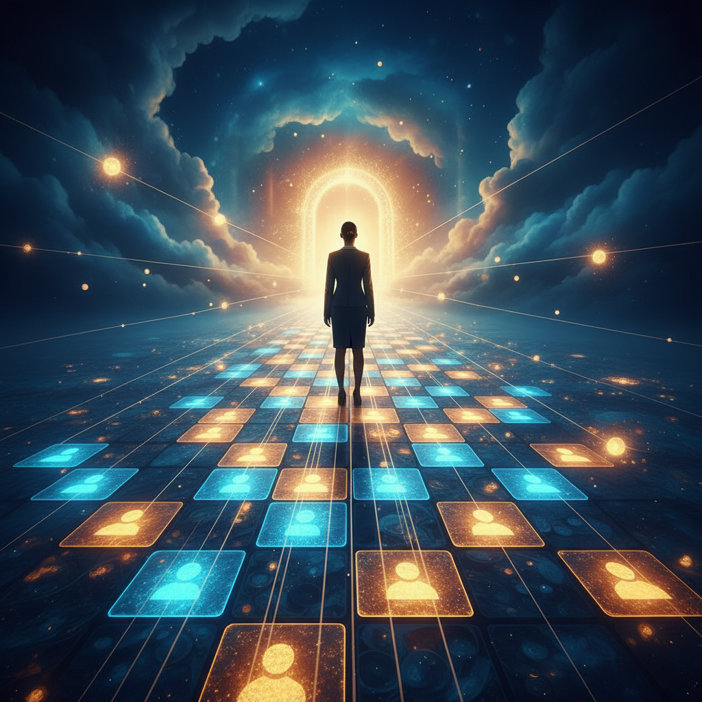 Camino de crecimiento profesional iluminado, simbolizando el impacto de las palabras clave en el CV