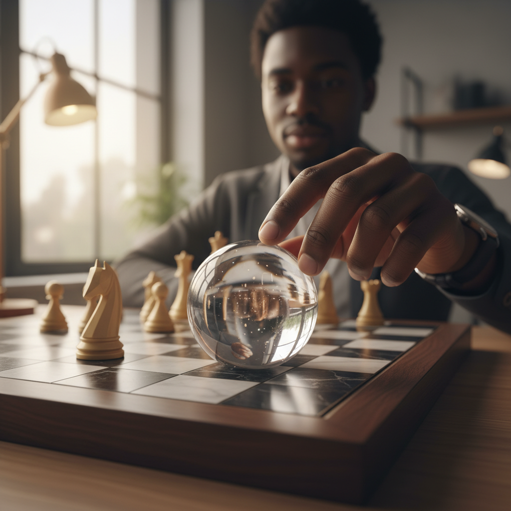 Analytical reasoning visualized by a hand placing a glass sphere on a chessboard, symbolizing critical thinking in interviews