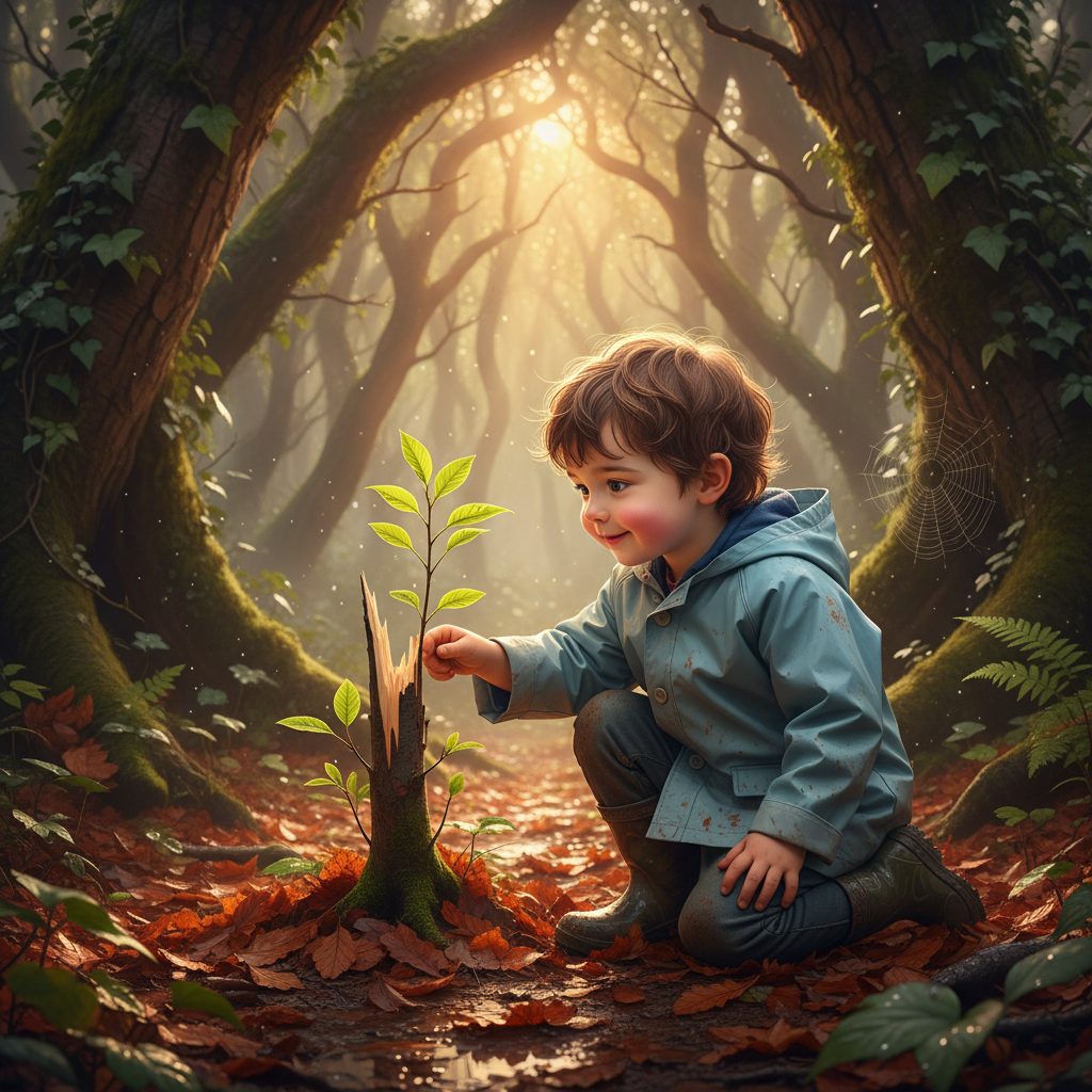 Child kneeling in a sunlit forest, nurturing a broken sapling sprouting new growth, symbolizing resilience and hope after loss.