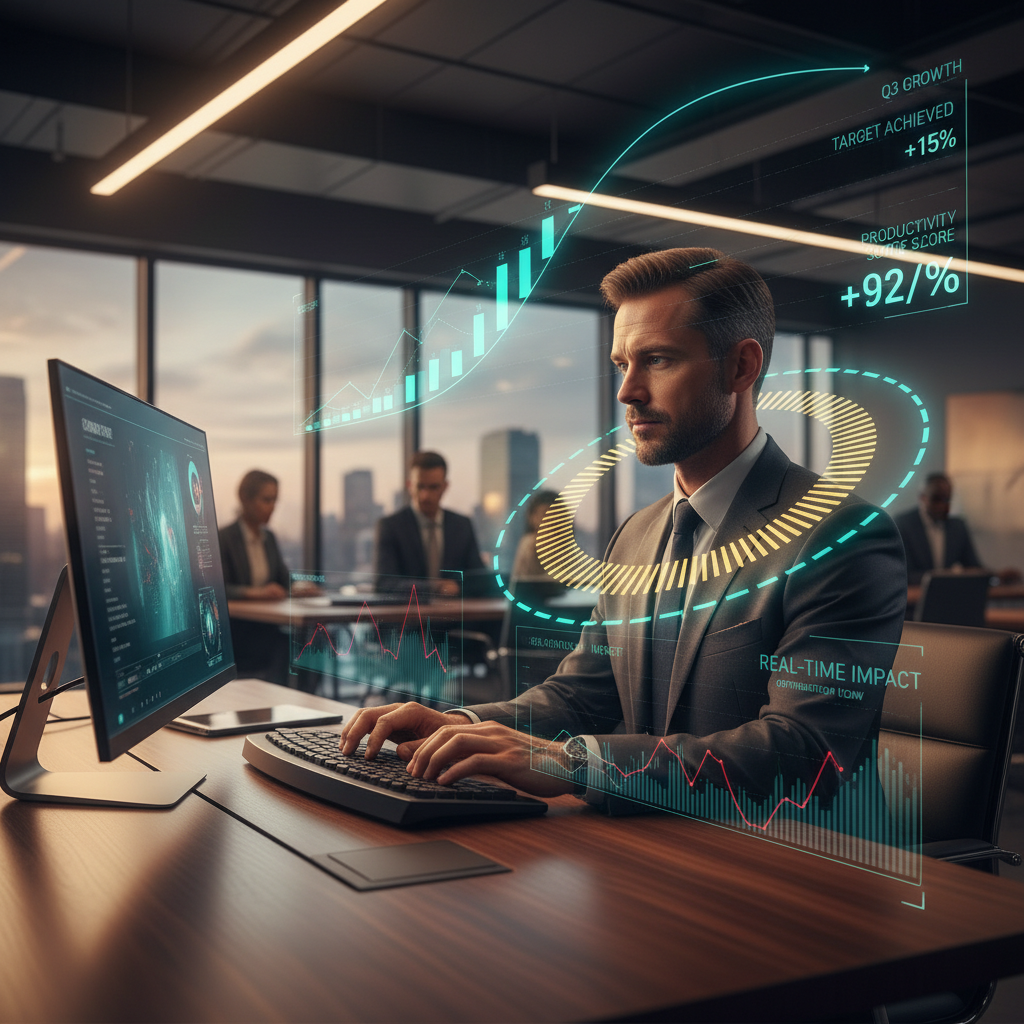 Professional reviewing peak performance analytics in modern office setting