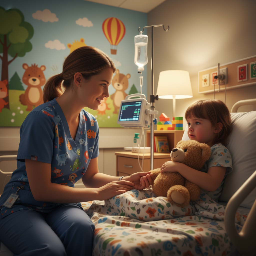 Pediatric nurse comforting a young child, demonstrating compassionate care in a hospital setting