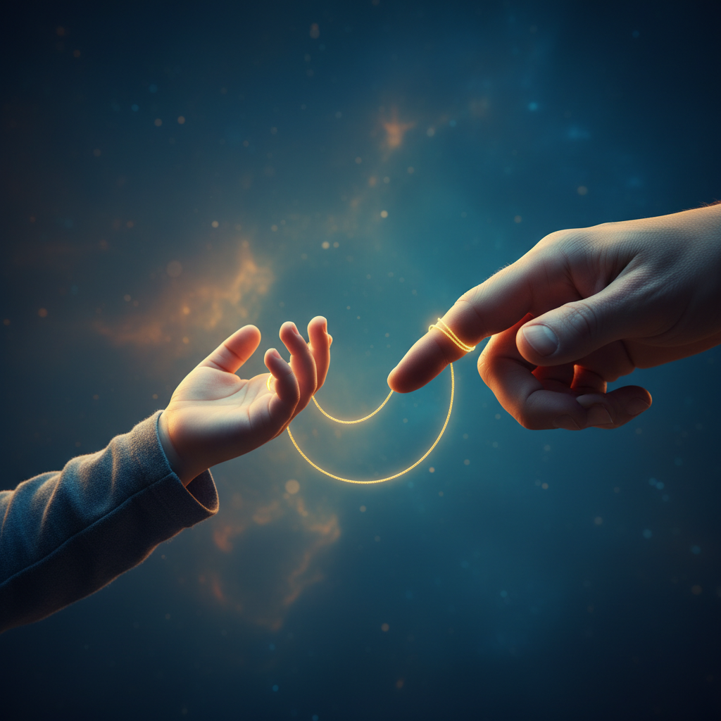 A child's hand and a godparent's hand joined by a glowing golden thread, symbolizing the lifelong promise of support