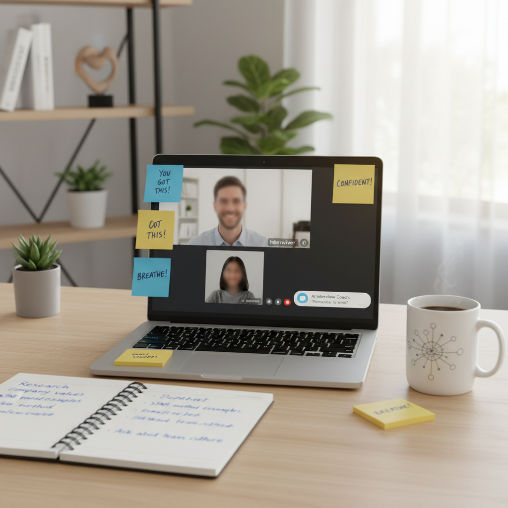 Workspace setup for virtual interview preparation with laptop, notes, and digital tools