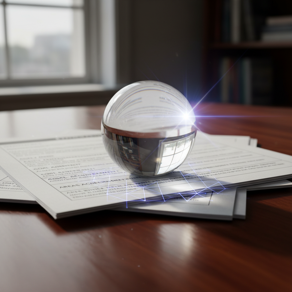 A glass orb atop performance review documents, symbolizing clarity and self-awareness in interview prep