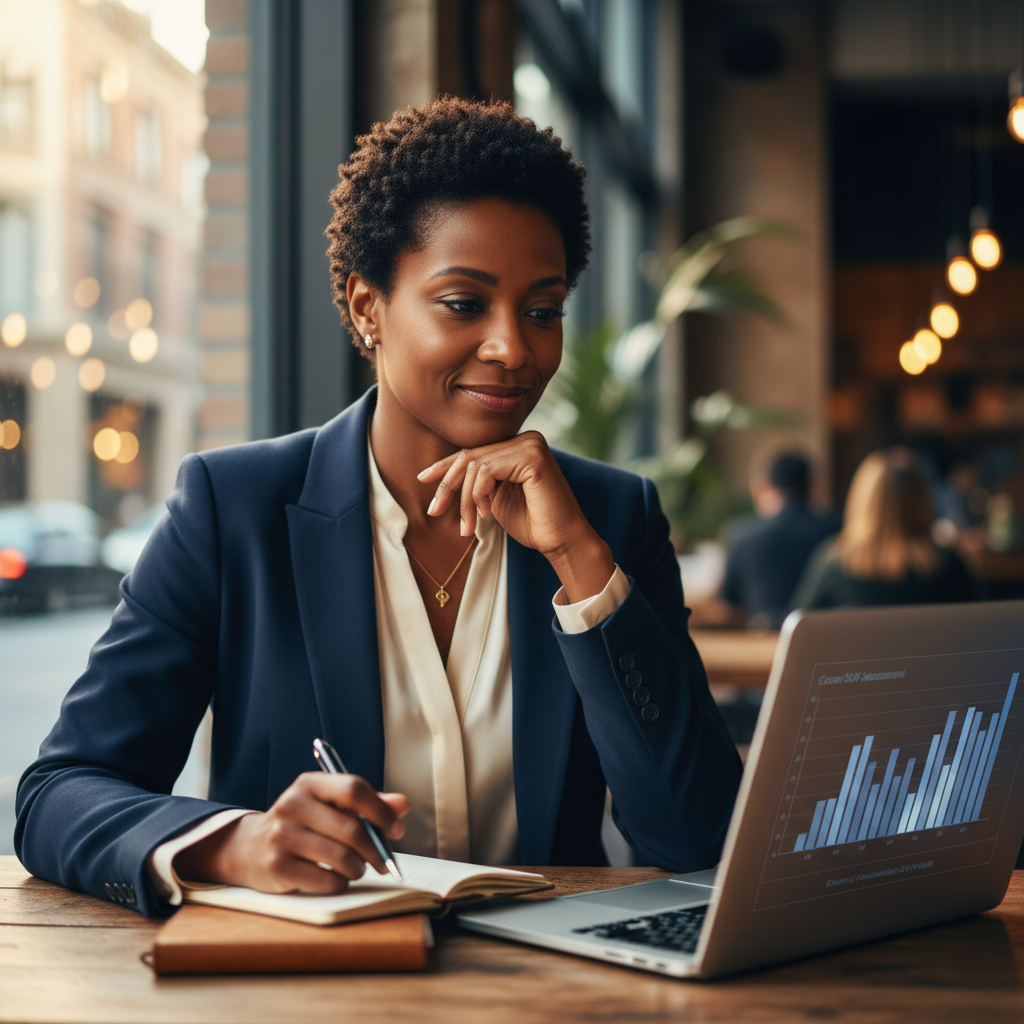 Professional woman reflecting and planning her personal brand at a cafe