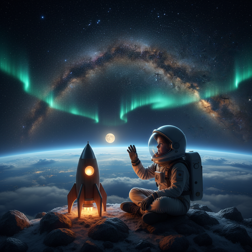 A child in a spacesuit gazes at the Milky Way from a mountaintop with a glowing personalized rocket toy nearby.