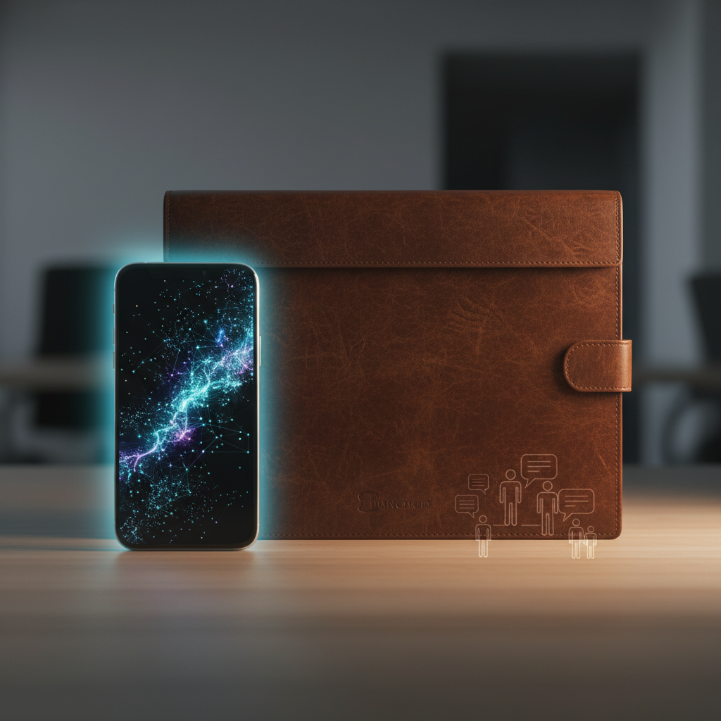 Comparing a glowing smartphone and a classic portfolio to symbolize the transition from phone screen to onsite interview