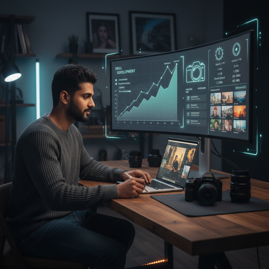Photographer preparing portfolio with AI-powered analytics overlays in a modern workspace