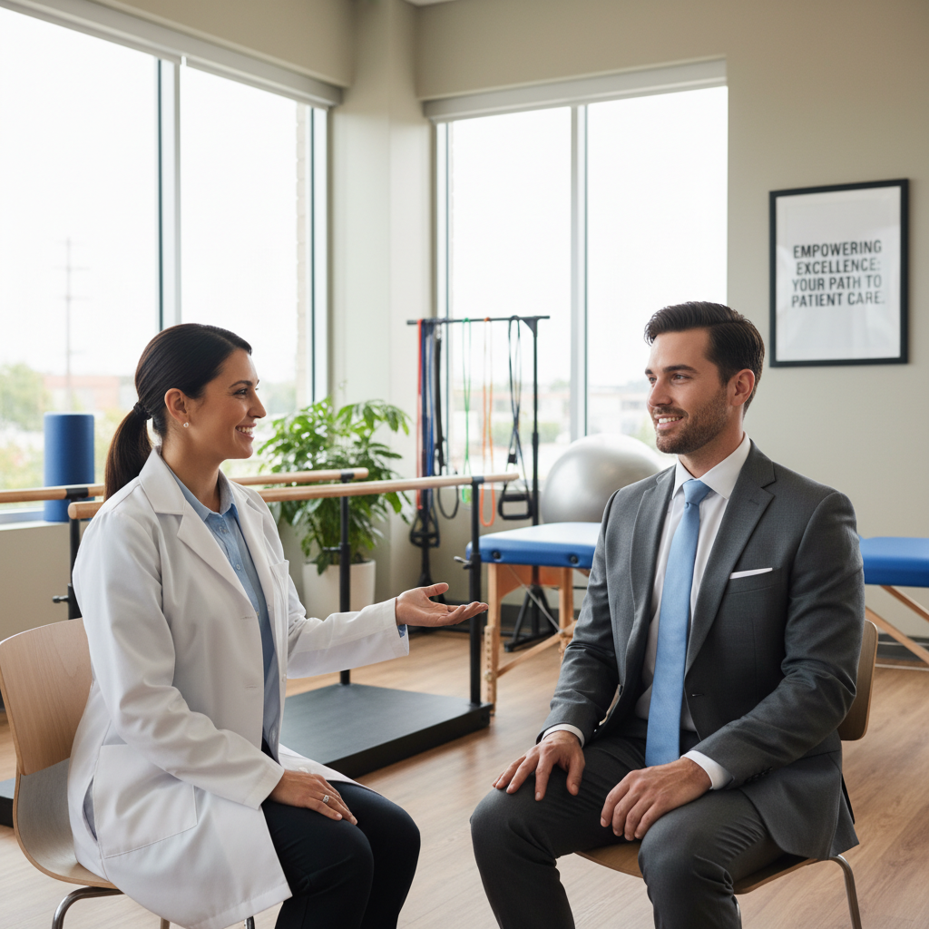 A professional physical therapist conducting a mock interview in a modern clinic, empowering a candidate with supportive body language. Therapy equipment and sunlight in background.