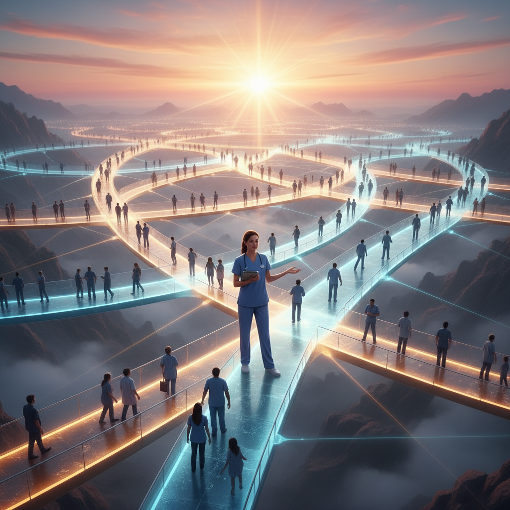 Physician assistant stands atop glowing bridges symbolizing collaborative skills and teamwork in healthcare