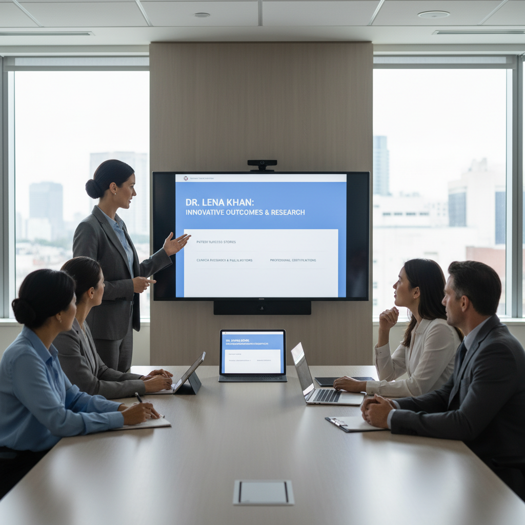 Physician showcasing digital portfolio in a hospital interview panel