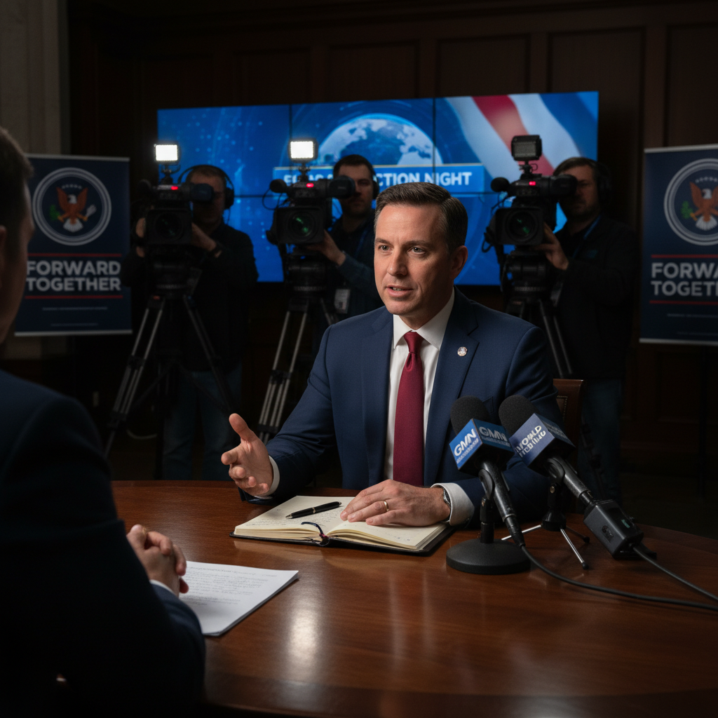 A confident political communicator in a high-stakes interview setting, with microphones and news cameras, demonstrating expert communication skills.