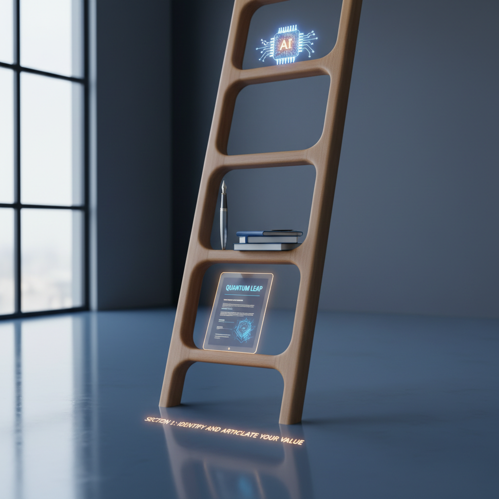 Ladder representing career progression with symbolic objects - resume, pen, AI chip - on each rung