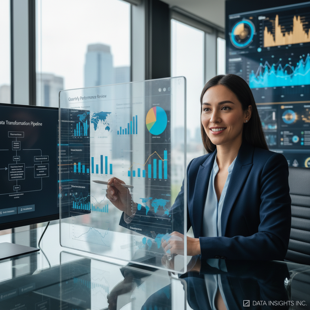 Confident candidate in a Power BI interview, data dashboards in the background