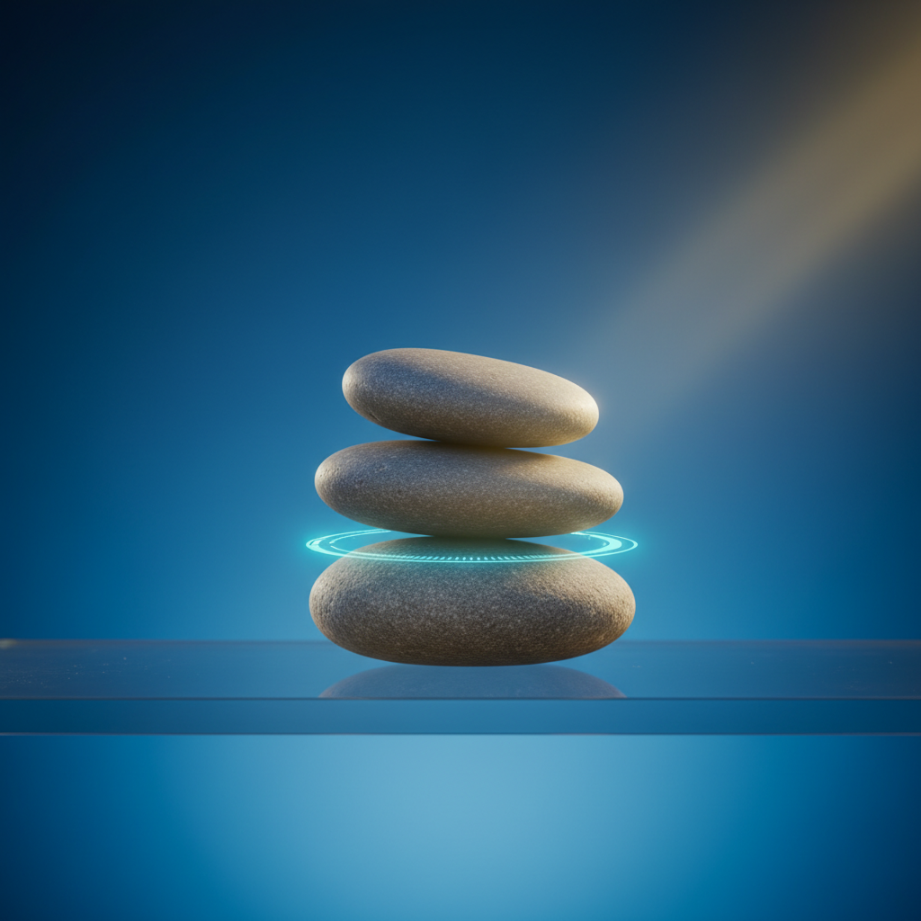 Metaphorical image of perfectly balanced stones on a modern desk, symbolizing inner balance and confidence in interviews