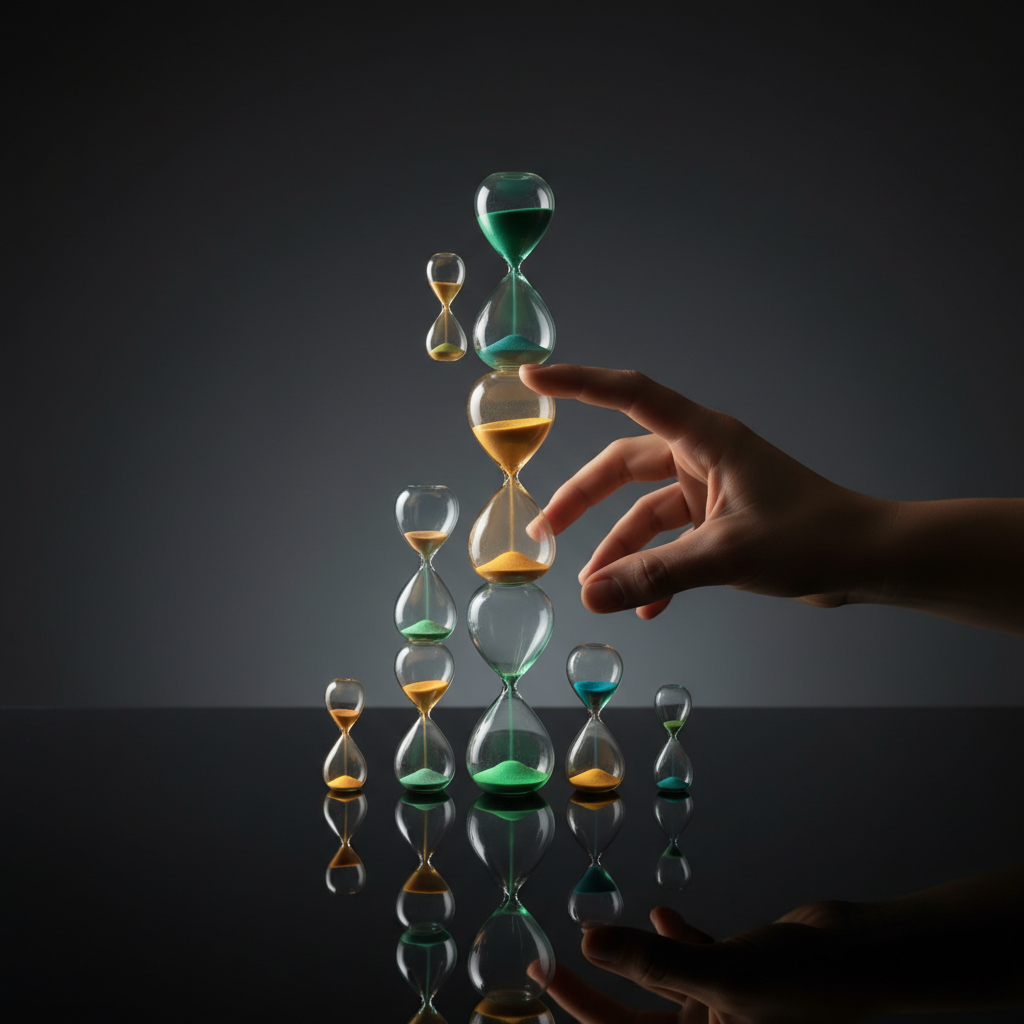 A symbolic photo of a hand stacking glowing hourglasses, representing mastering time management and prioritization.