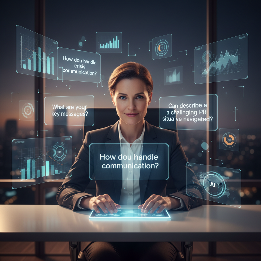 Professional in modern office surrounded by holographic PR interview questions, representing data-driven interview prep