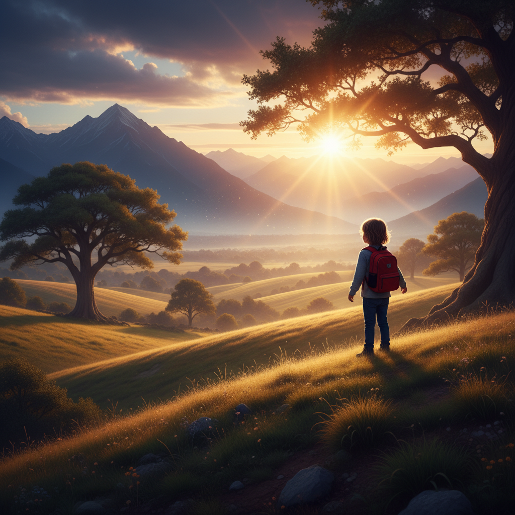 A confident preschooler standing on a sunrise hill, ready for the adventure of Pre-K, symbolizing courage and new beginnings.