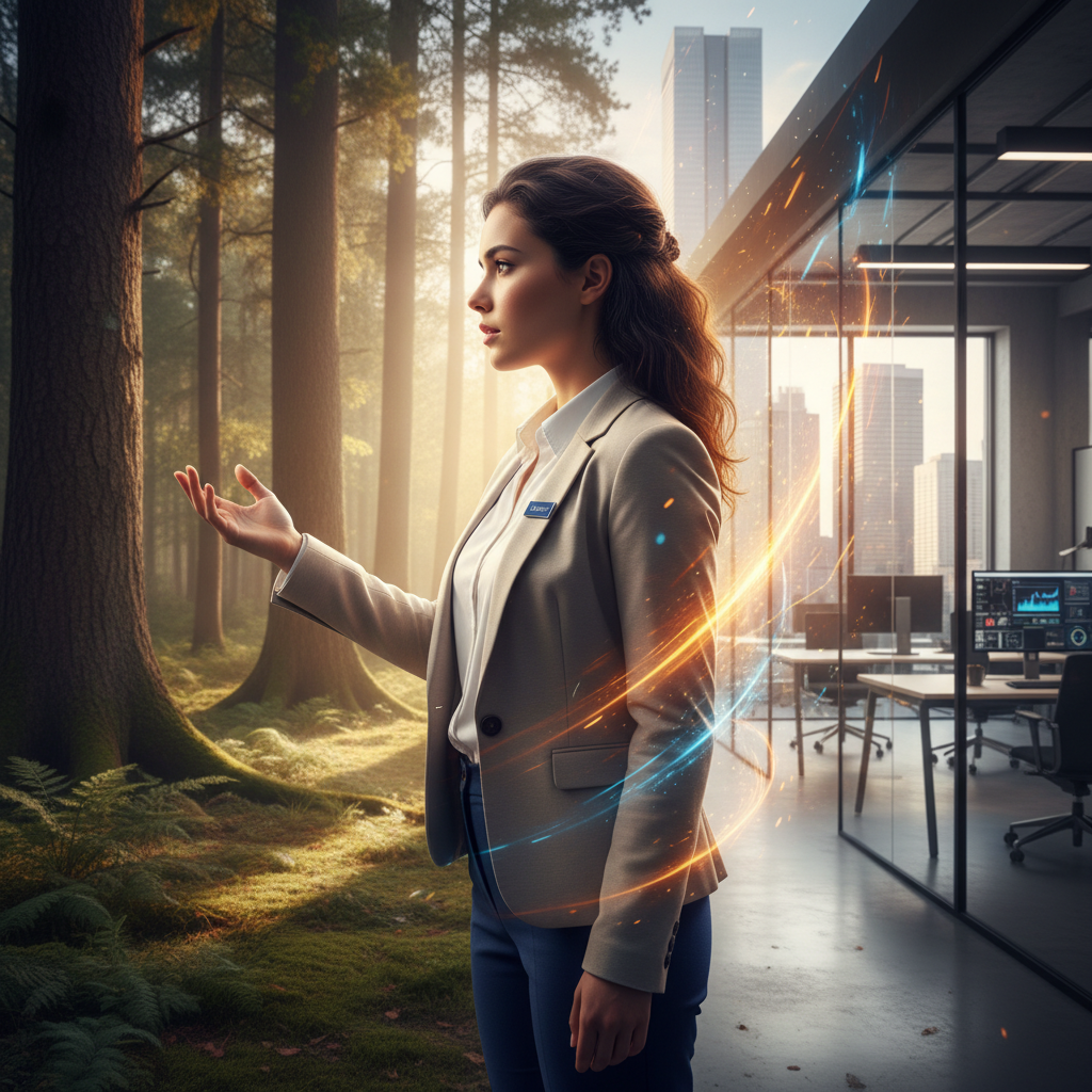 Un jeune stagiaire prêt à franchir le pas vers son premier emploi en CDI, entre univers naturel et bureau moderne