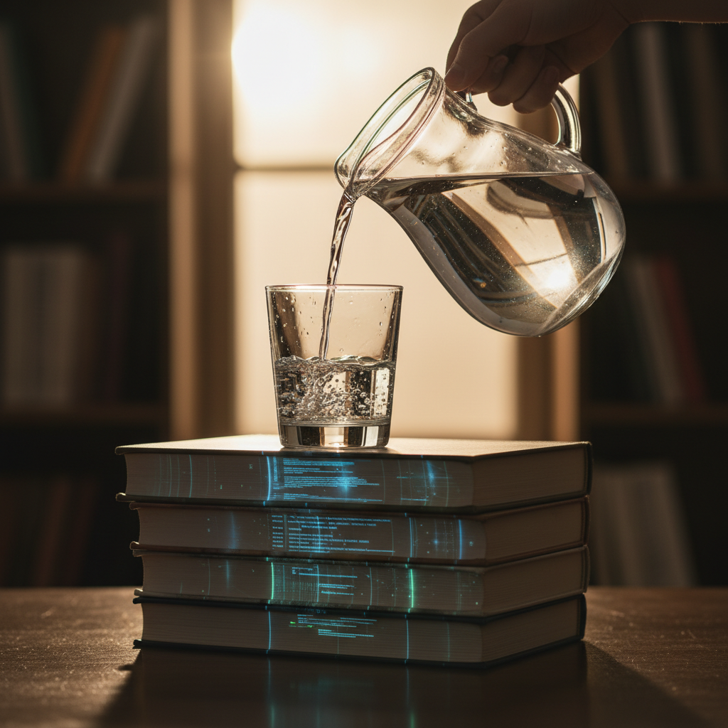 A studio-lit glass pitcher pouring water into a glass atop books, symbolizing composure and readiness for interviews