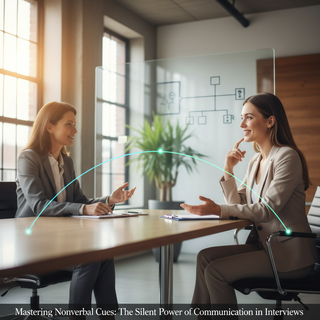 A confident professional in a modern interview setting, demonstrating excellent communication skills through expressive body language. The interviewer looks impressed, and the atmosphere is dynamic and positive.