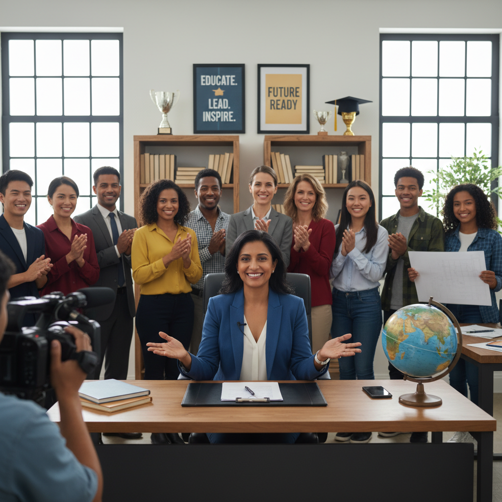 Confident principal at interview table in a modern school, exuding leadership and readiness for the role