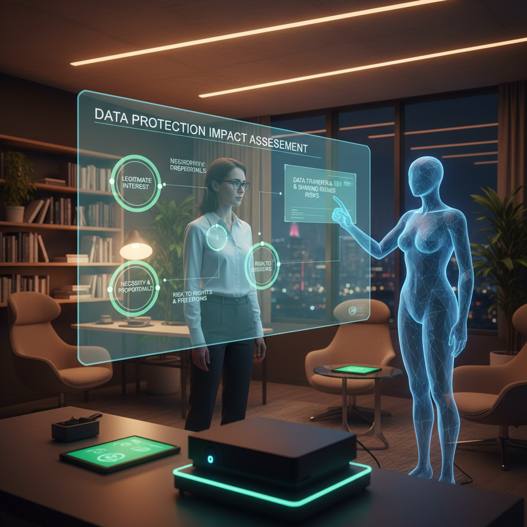 Privacy engineer conducting DPIA analysis with stakeholders and digital documents