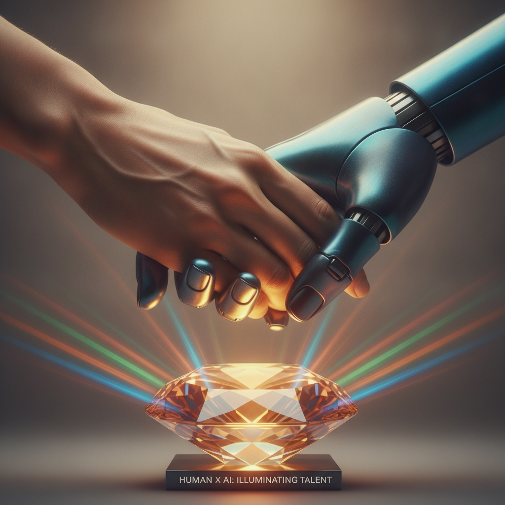 Manos humanas y de IA entrelazadas sobre una gema luminosa, simbolizando la unión entre tecnología y persona en los procesos de selección digitales
