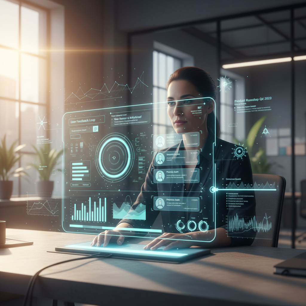 Product manager reviewing data-driven insights on a holographic interface in a modern office