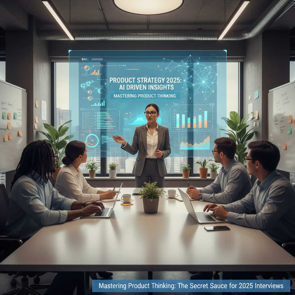 Product manager leading a collaborative team with AI tools, visualizing product thinking and data-driven leadership