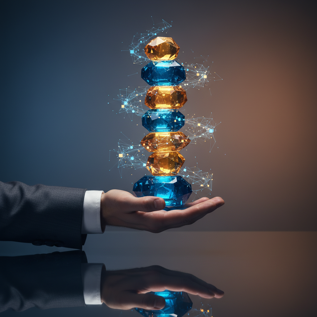 A hand in a suit balances glowing backlog stones, visually representing backlog prioritization skill