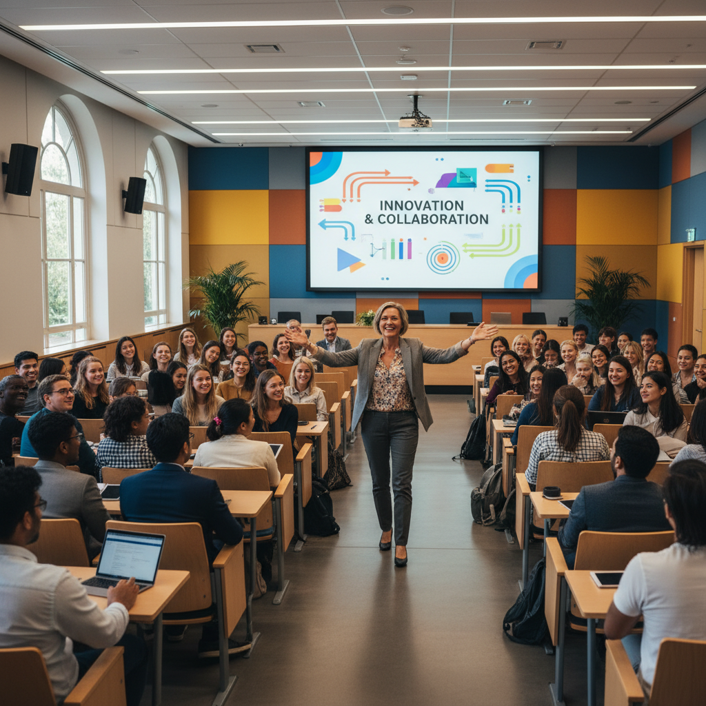Passionate professor engaging with diverse students during a university interview demonstration