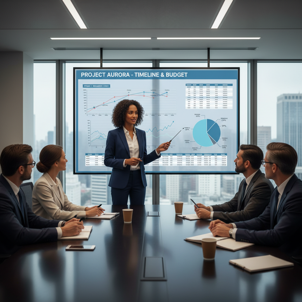 Project manager confidently presenting budget and timeline to the executive team