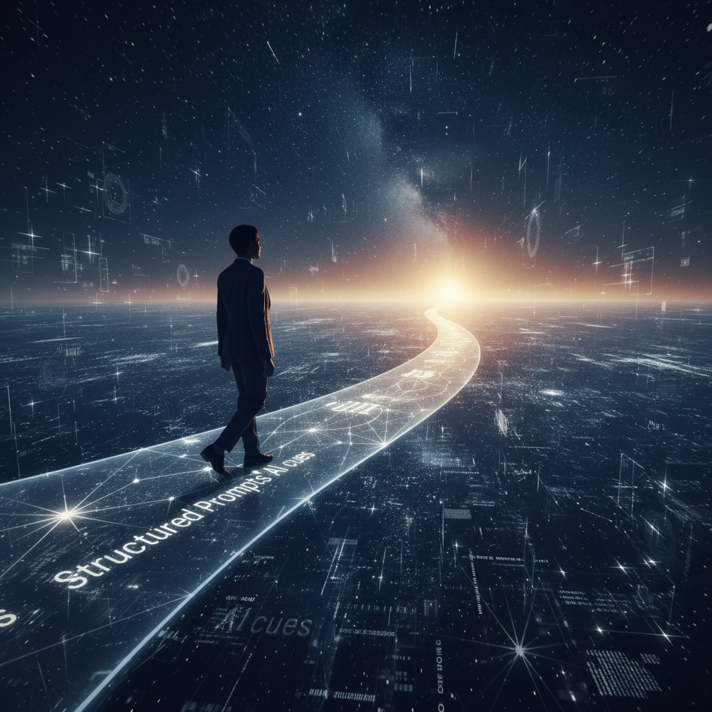 A career journey visual showing a job seeker navigating a glowing, AI-guided path across a digital landscape