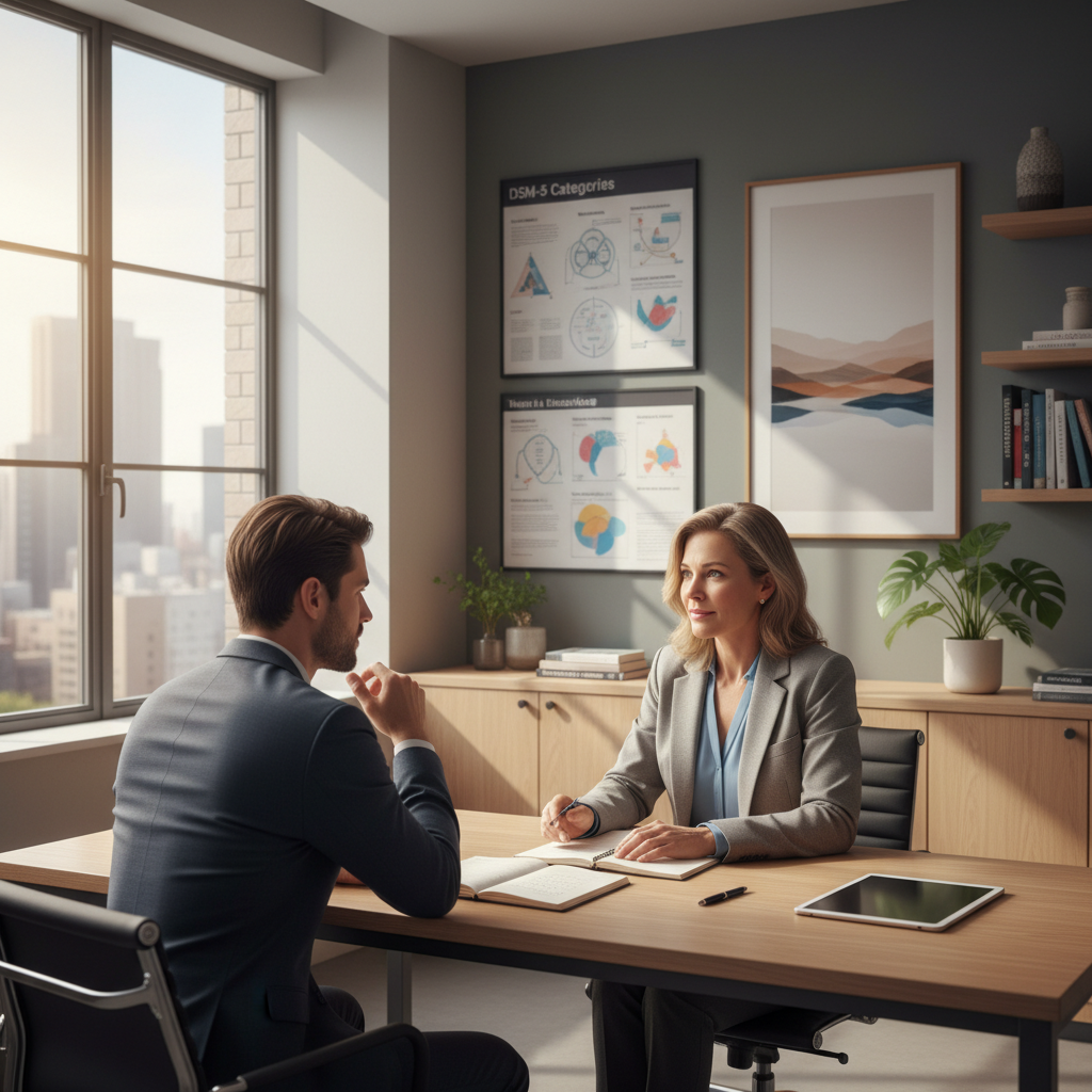A psychiatrist conducts a professional interview in a modern office, illustrating empathy and expertise