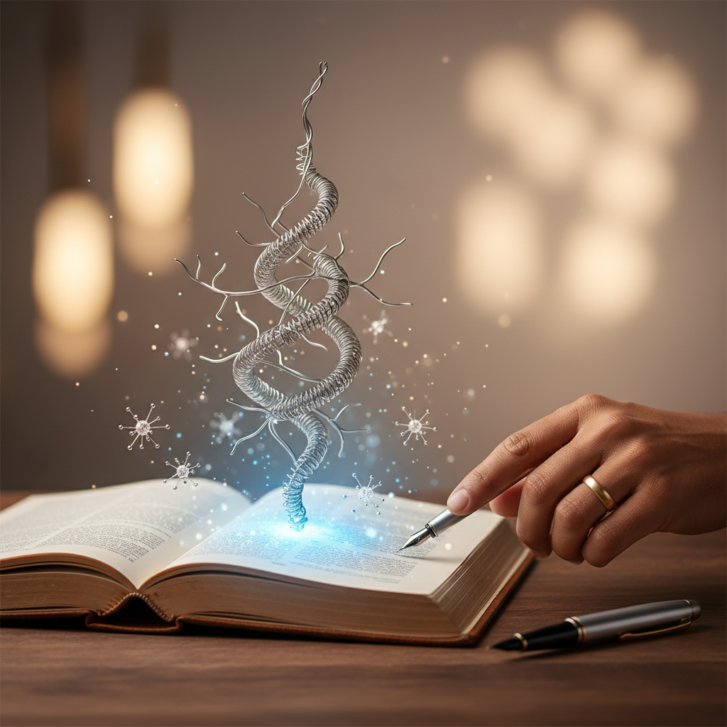 A symbolic journal with neuron-inspired sculpture, glowing with knowledge and AI prep