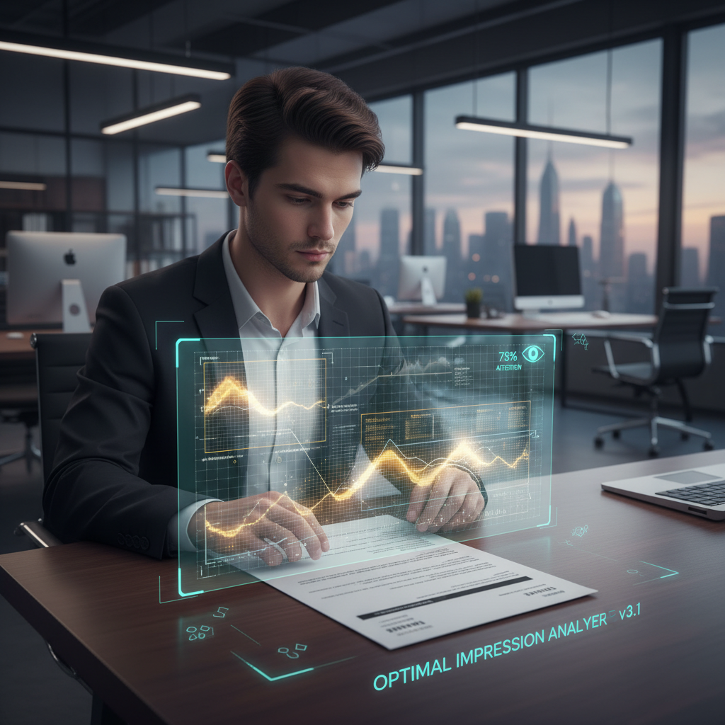 A realistic office scene showing a job seeker reviewing a resume, with holographic analytics visualizing which sections influence hiring decisions most.