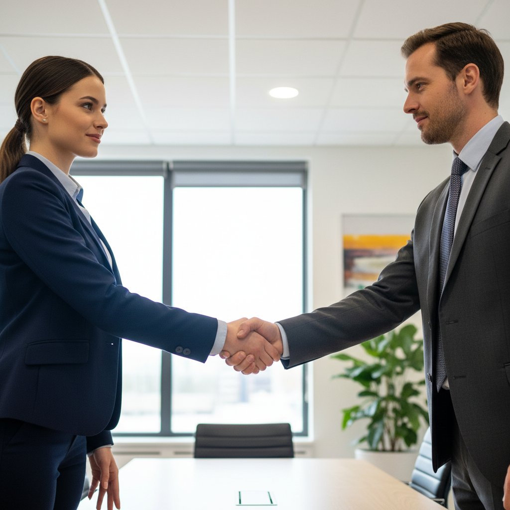 A confident candidate meets the hiring managerâs gaze, handshake mid-air, capturing the intensity and stakes of first impressions in a job interview.