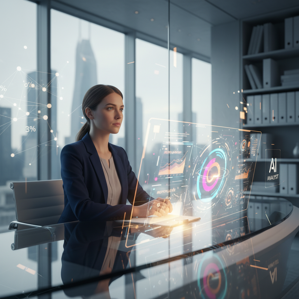 A poised candidate facing a holographic feedback interface, symbolizing AI-powered PR interview preparation