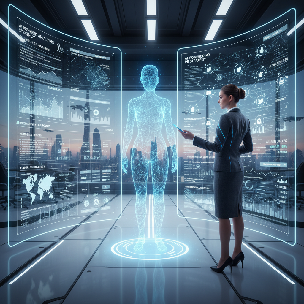 AI-powered public relations professional using digital analytics and media monitoring tools in an interview context