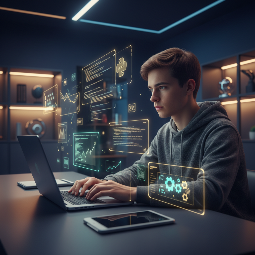 Junior developer codes in Python, with holographic overlays showing code, AI feedback, and analytics