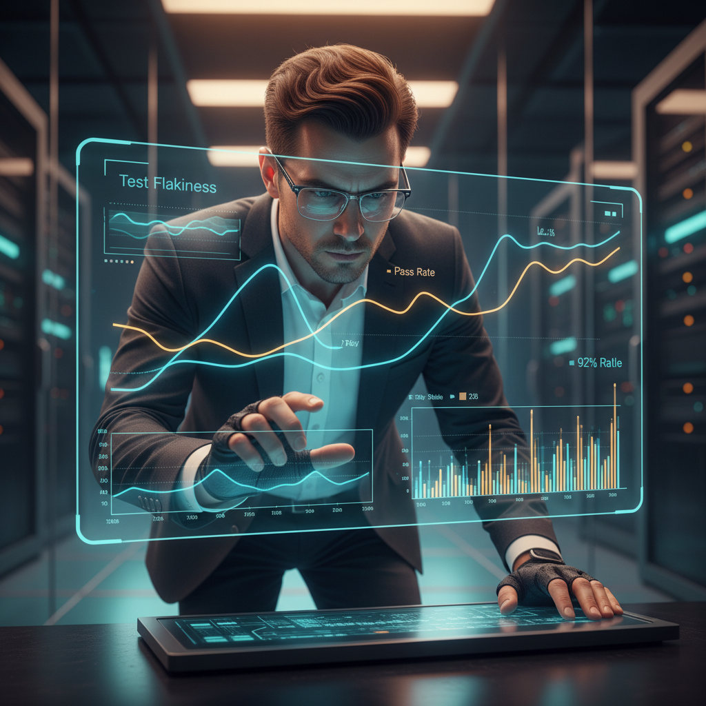 Illustration showing a QA engineer reviewing a dashboard visualizing test flakiness and solutions