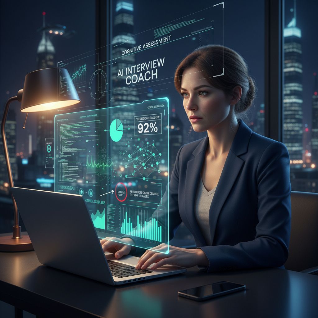 Job seeker preparing for QA interview with holographic AI-driven feedback
