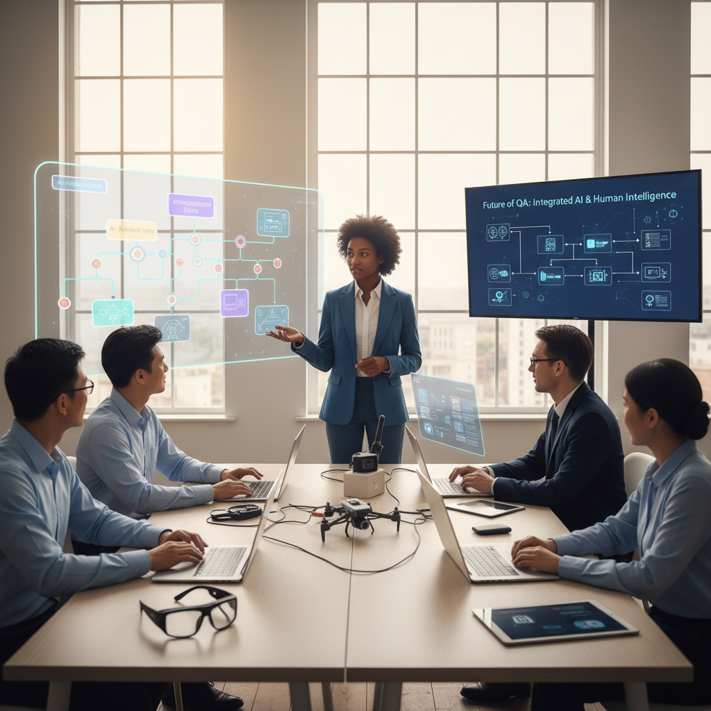 Modern QA interview panel with a candidate answering confidently, featuring 2025 tech trends